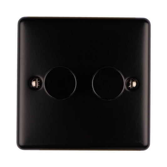 Eurolite Enhance Decorative 2 Gang Dimmer in matt black, featuring two circular controls and a sleek square design. The finish is smooth, with visible screws on the front for attachment.