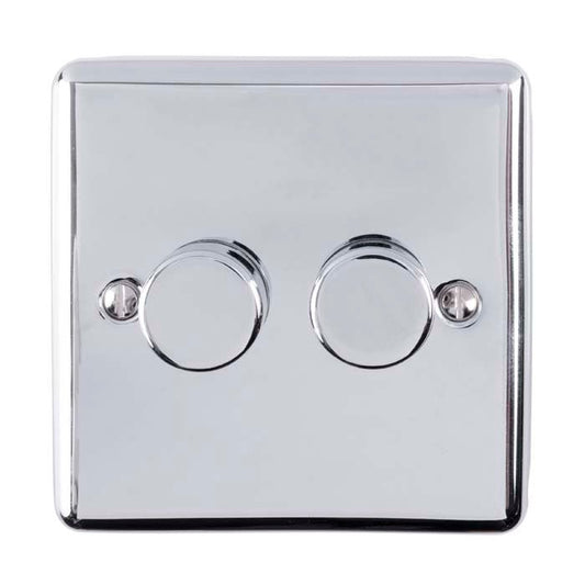 Eurolite Enhance Decorative 2 Gang Dimmer in polished chrome finish, featuring two circular control knobs and a square plate design.