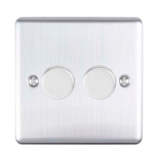 Eurolite Enhance Decorative 2 Gang Dimmer in satin stainless finish, featuring two circular dimmer knobs and a flat, brushed metal plate with visible mounting screws.