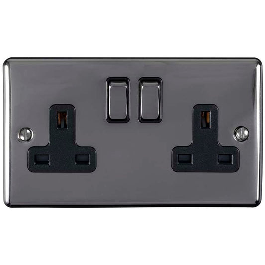 Eurolite Enhance Decorative 2 Gang Socket in black nickel finish, featuring two standard power outlets and two on/off switches, designed with a sleek and modern appearance.