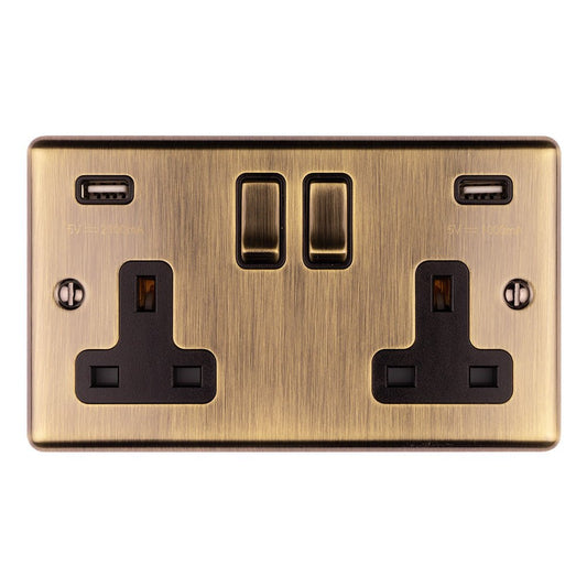 Eurolite Enhance Decorative 2 Gang USB Socket in antique finish featuring two USB ports and two traditional sockets, designed with a brushed metal surface and black accents.