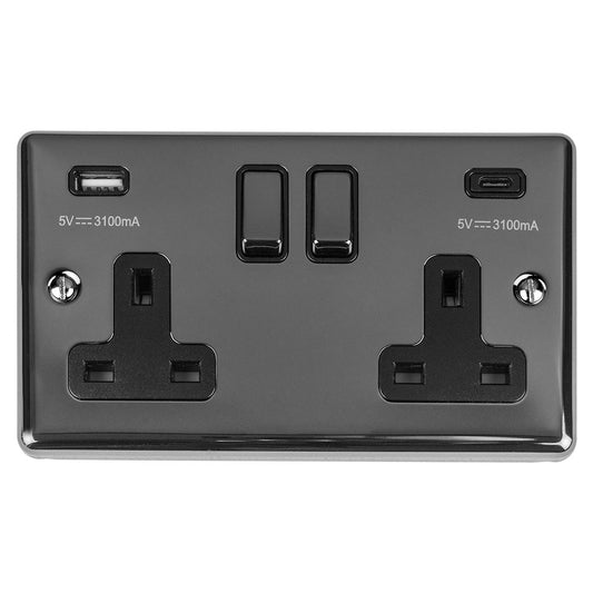 Enhance Decorative 2 Gang 13Amp Switched Socket With Usb C Black Nickel - Black Nickel