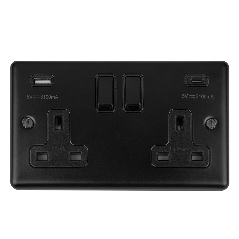 Enhance Decorative 2 Gang 13Amp Switched Socket With Usb C Matt Black - Matt Black