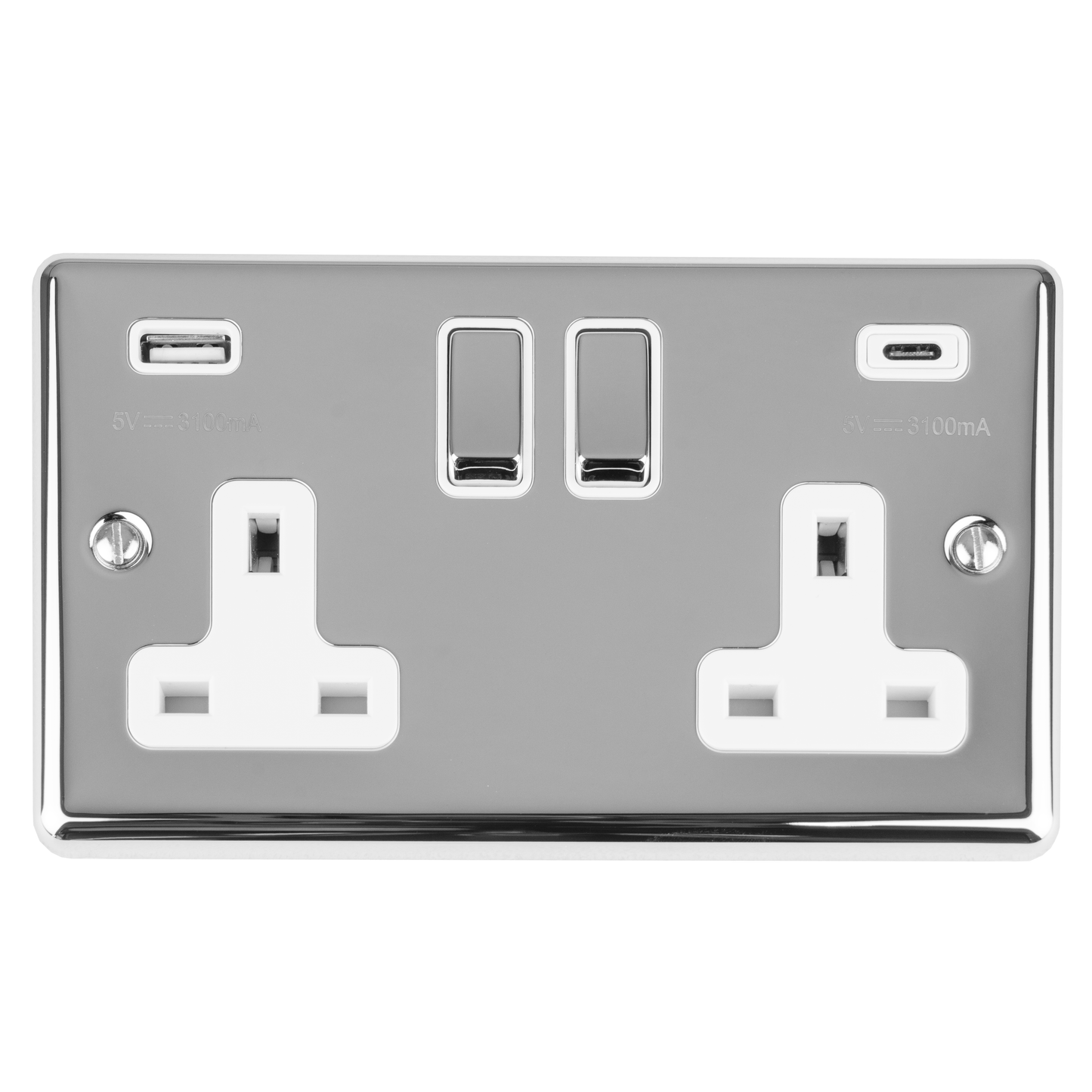 Enhance Decorative 2 Gang 13Amp Switched Socket With Usb C Polished Chrome - Polished Chrome