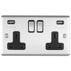 Eurolite Enhance Decorative 2 Gang USB Socket in satin stainless finish, featuring two USB ports with different outputs and two black sockets, designed for wall installation.