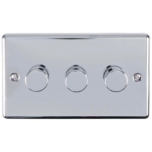 Eurolite Enhance Decorative 3 Gang Dimmer in polished chrome, featuring three control knobs arranged horizontally on a rectangular plate with a glossy finish.