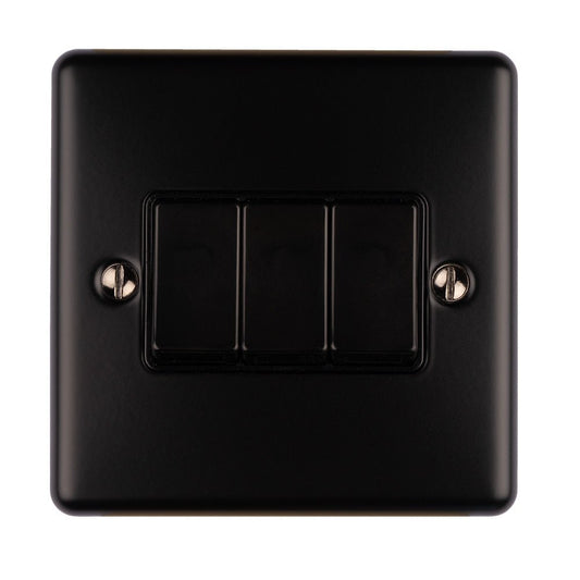 Eurolite Enhance Decorative 3 Gang Switch in matt black, featuring three toggle switches on a square plate with two visible screws for installation.