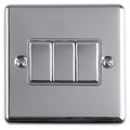 Eurolite Enhance Decorative 3 Gang Switch in polished chrome finish, featuring three toggle switches and a sleek, reflective surface with mounting screws.