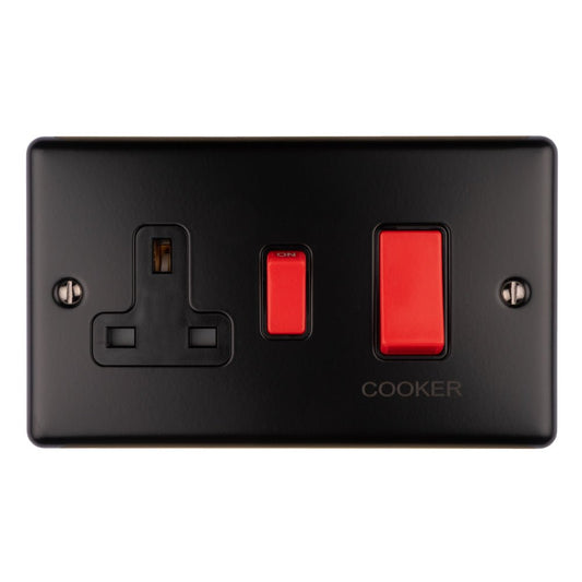 Eurolite Enhance Decorative 45Amp Switch With A Socket in matt black, featuring a red cooker switch and a standard socket, designed for easy access and control.