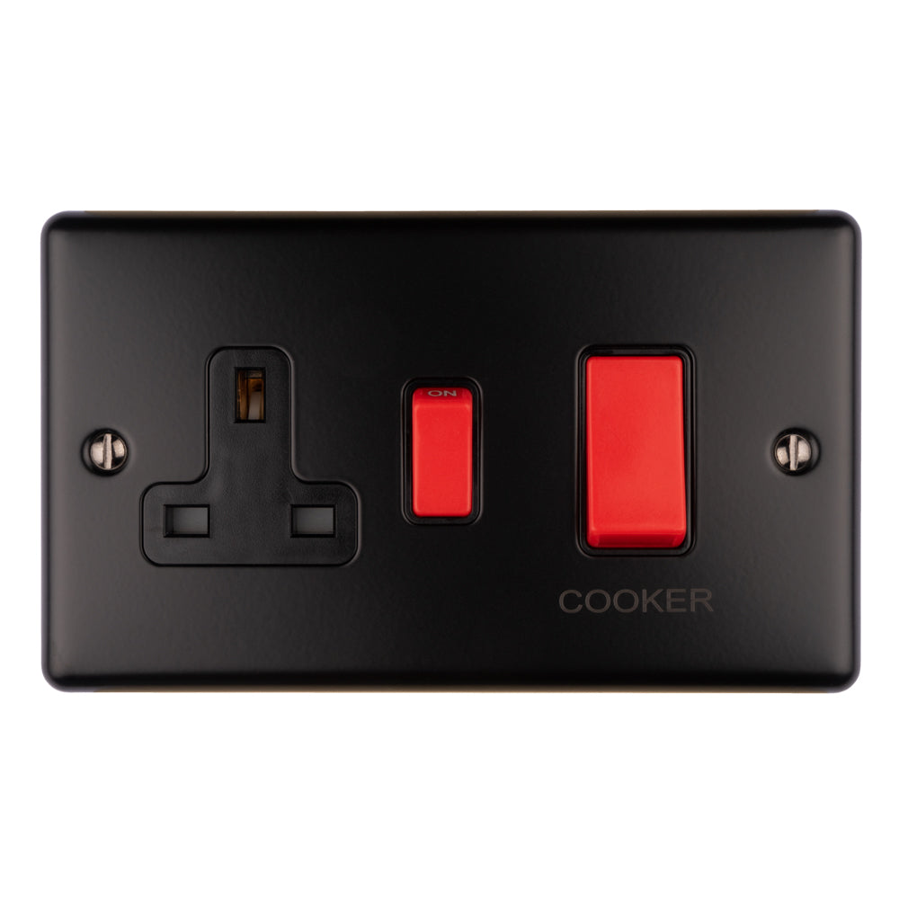 Carlisle Brass Numeral Face Fix (No.4) 76Mm in black with red switches, featuring a single socket for a cooker and two red switch buttons marked ‘COOKER’. The design includes visible screws for mounting.
