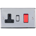 Carlisle Brass Numeral Face Fix (No.4) 76Mm in chrome finish, featuring a standard UK power socket, a single switch, and a red rocker switch, all mounted on a sleek rectangular plate.