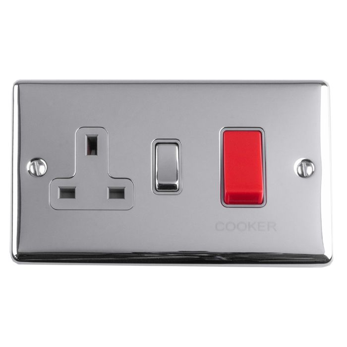 Carlisle Brass Numeral Face Fix (No.4) 76Mm in chrome finish, featuring a three-pin socket, a switch, and a red rocker switch labeled "COOKER" on a rectangular plate.