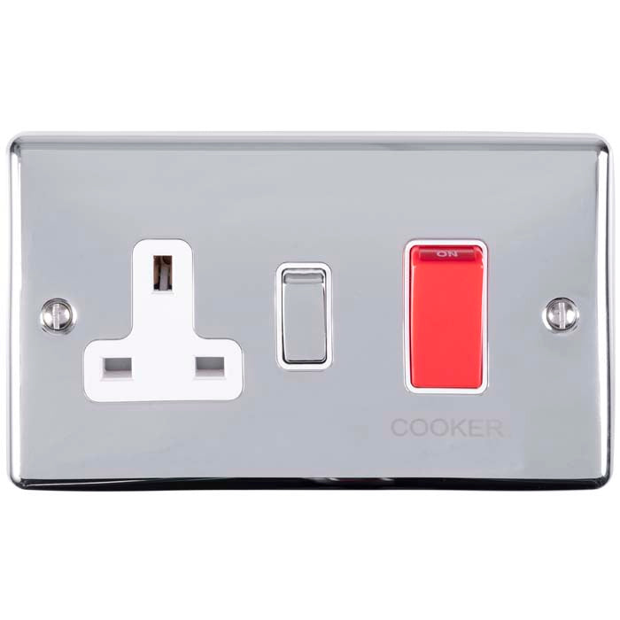 Carlisle Brass Numeral Face Fix (No.4) 76Mm in chrome finish, featuring a cooker switch with a red toggle, a power outlet with a white socket, and a simple rectangular design.