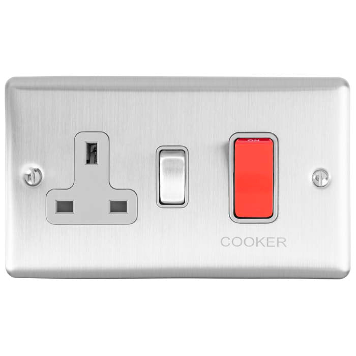 Carlisle Brass Numeral Face Fix (No.4) 76Mm in a stainless steel finish, featuring a standard power socket, a switch, and a red cooker indicator to display functionality.