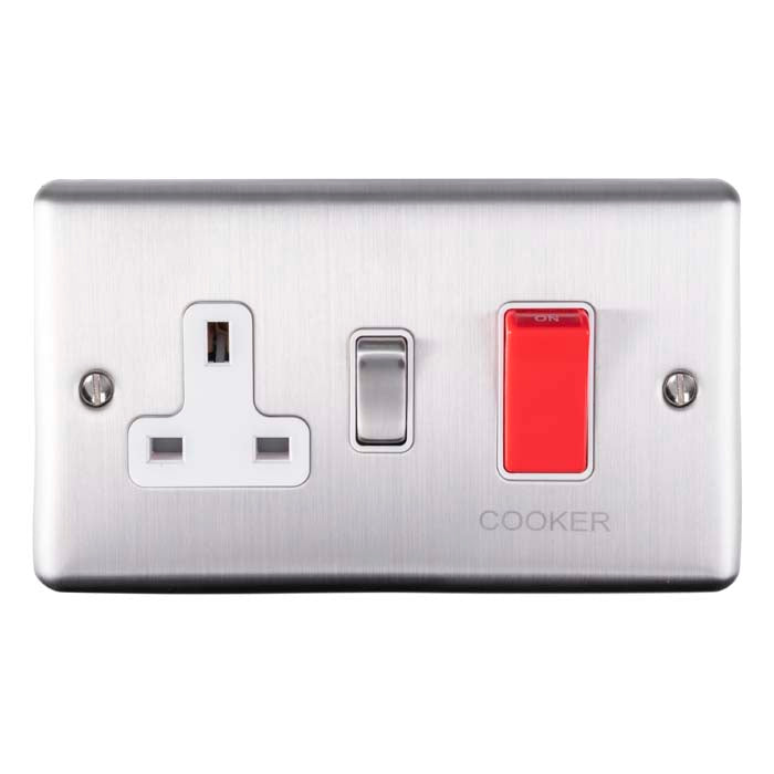 Carlisle Brass Numeral Face Fix (No.4) 76Mm in stainless steel, featuring a power socket and a red switch labeled 'COOKER' on a rectangular panel with a brushed finish.