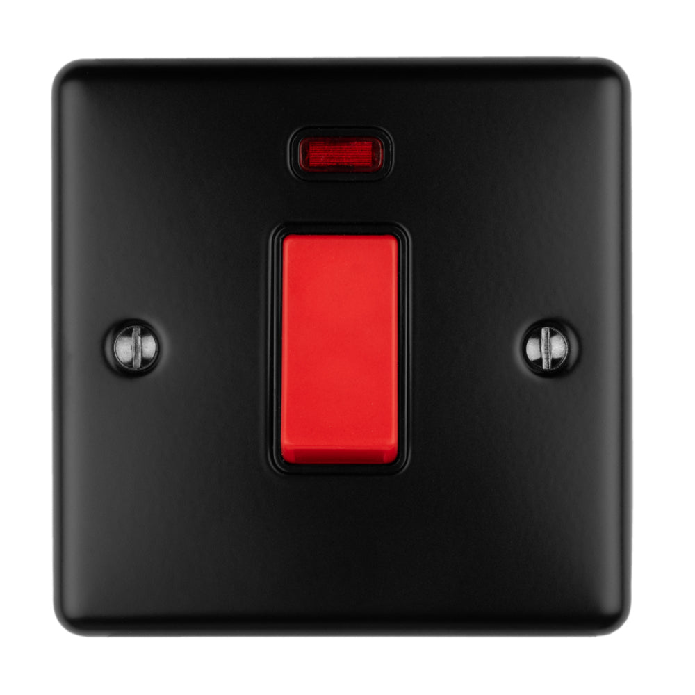 Carlisle Brass Numeral Face Fix (No.4) 76Mm in a black finish, featuring a red push-button switch and a small indicator light at the top. The design includes two mounting screws, providing a simple and functional appearance.