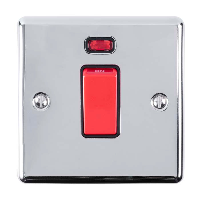 Carlisle Brass Numeral Face Fix (No.4) 76Mm switch in chrome finish, featuring a red rocker switch and indicator light, designed for wall mounting with visible screws.