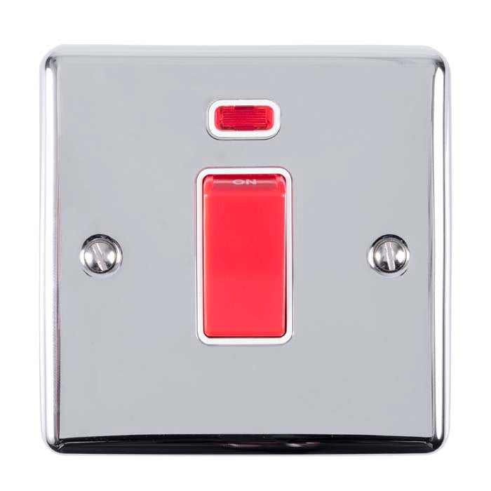 Carlisle Brass Numeral Face Fix (No.4) 76Mm switch in a chrome finish with a red toggle switch in the center and a small indicator light above, featuring a square shape with visible mounting screws.