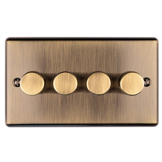 Eurolite Enhance Decorative 4 Gang Dimmer in antique finish, featuring four circular control knobs on a rectangular metallic plate with a brushed texture.