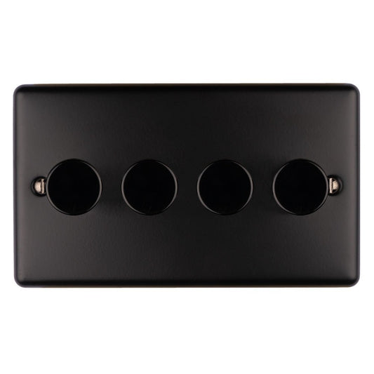 Eurolite Enhance Decorative 4 Gang Dimmer in matt black, featuring four circular dimmer knobs set against a smooth rectangular plate.