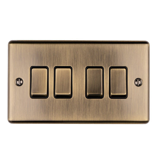 Eurolite Enhance Decorative 4 Gang Switch in antique finish, featuring four individual toggle switches with a brushed metal texture and rounded edges.