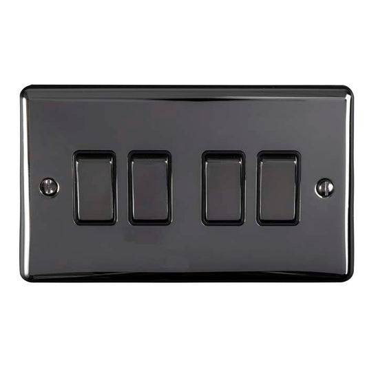 Eurolite Enhance Decorative 4 Gang Switch in black nickel finish with four rectangular switch buttons and a smooth surface. The switch is designed for wall mounting.