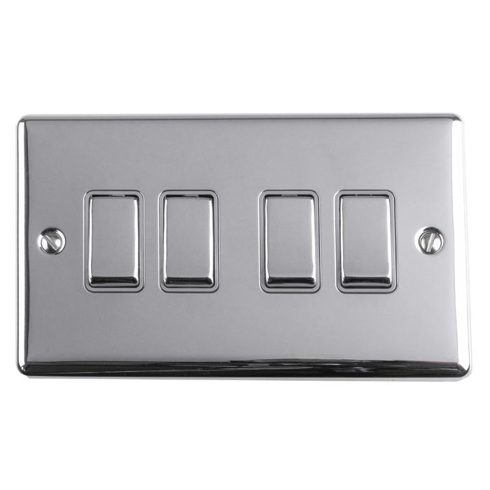 Carlisle Brass Numeral Face Fix (No.4) 76Mm is a chrome switch plate with three toggle switches, featuring a polished surface and rounded edges for a sleek appearance.