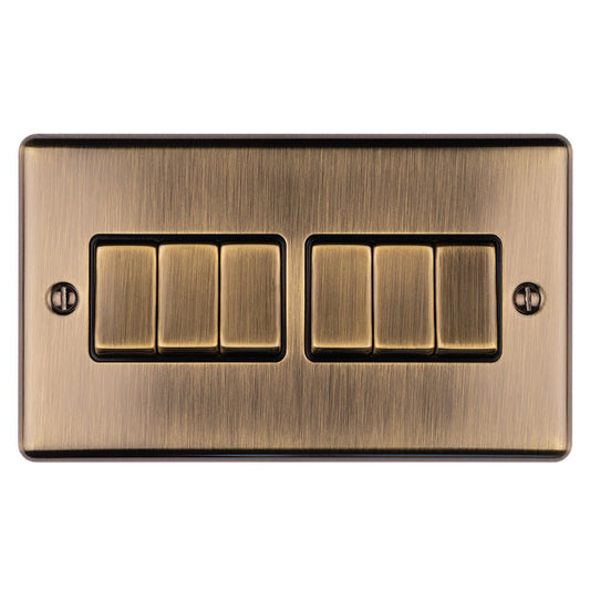 Eurolite Enhance Decorative 6 Gang Switch in antique finish, featuring six toggle switches arranged in two rows on a brushed metal plate.