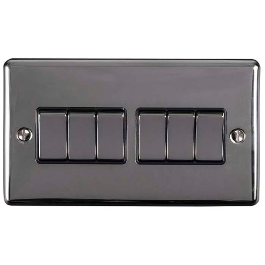 Eurolite Enhance Decorative 6 Gang Switch in black nickel, featuring six switches set in a sleek, shiny plate, with visible screw holes for installation.