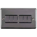 Eurolite Enhance Decorative 6 Gang Switch in black nickel, featuring six switches set in a sleek, shiny plate, with visible screw holes for installation.
