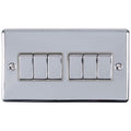 Eurolite Enhance Decorative 6 Gang Switch in polished chrome finish, featuring six toggle switches arranged in two sets, with a rectangular wall plate and visible mounting screws.