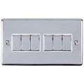 Eurolite Enhance Decorative 6 Gang Switch in polished chrome finish, featuring six toggle switches arranged in two rows, mounted on a rectangular plate with visible screws.