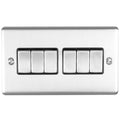 Eurolite Enhance Decorative 6 Gang Switch in satin stainless finish featuring six rocker switches arranged in two rows. The switch plate has a sleek, brushed texture with visible mounting screws.