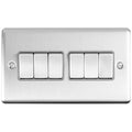 Eurolite Enhance Decorative 6 Gang Switch in satin stainless finish, featuring six individual switches arranged in two rows, with a brushed metal appearance and mounting screws visible on either end.