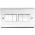 Eurolite Enhance Decorative 6 Gang Switch in satin stainless steel featuring six toggle switches arranged in two rows, with a brushed finish on the plate and a sleek design.