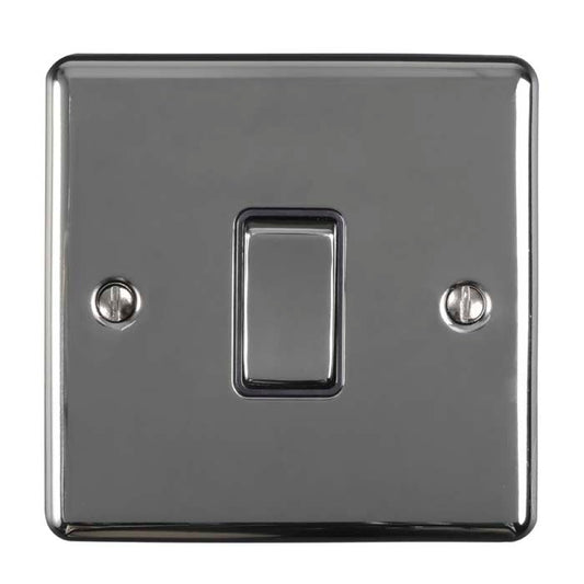 Eurolite Enhance Decorative Intermediate Switch in black nickel, featuring a rectangular design with a central toggle switch and two mounting screws.