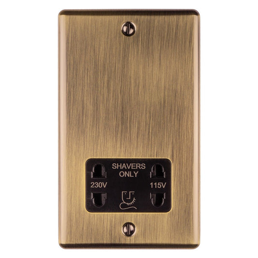 Eurolite Enhance Decorative Shaver Socket in antique finish, featuring a metal faceplate with dual voltage options for 230V and 115V, and a clear label indicating 'SHAVERS ONLY'.