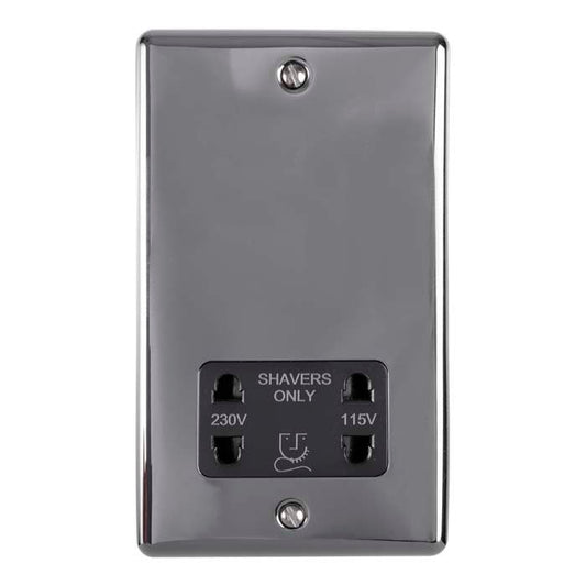 Eurolite Enhance Decorative Shaver Socket in black nickel, featuring two ports labeled 'SHAVERS ONLY' for 230V and 115V, shown with a smooth, reflective surface and secured with two screws.