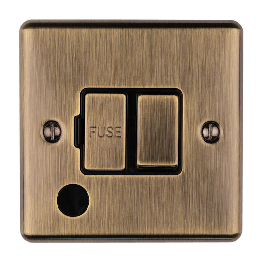 Eurolite Enhance Decorative Switched Fuse Spur with Flex Outlet in antique finish, featuring a dual switch design and a fuse indicator, mounted on a square metal plate.