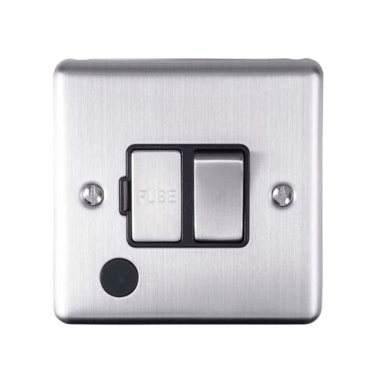 Eurolite Enhance Decorative Switched Fuse Spur With Flex Outlet in satin stainless finish, featuring a toggle switch and a fuse compartment on a square plate with a brushed metal texture.