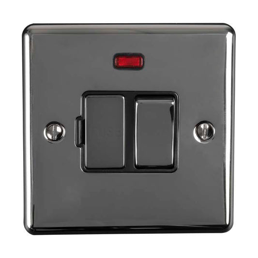 Eurolite Enhance Decorative Switched Fuse Spur in black nickel featuring a switch and a neon indicator, with a glossy finish and two visible screws on the front.
