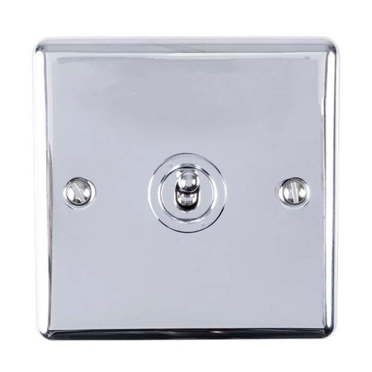Eurolite Enhance Decorative 1 Gang Toggle Switch in polished chrome, featuring a square plate with a central toggle and two mounting screws for installation.