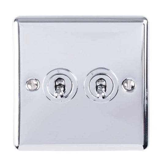 Eurolite Enhance Decorative 2 Gang Toggle Switch in polished chrome finish, featuring two toggle switches and a square wall plate design.