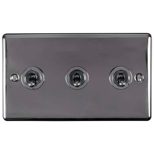 Eurolite Enhance Decorative 3 Gang Toggle Switch in black nickel, featuring three toggle switches set in a rectangular plate with a glossy finish.