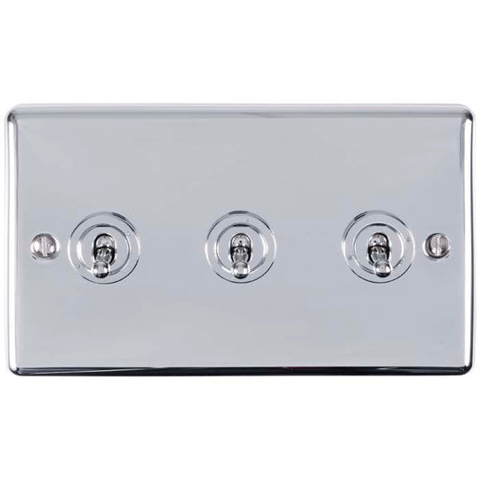 Eurolite Enhance Decorative 3 Gang Toggle Switch in polished chrome, featuring three toggle switches arranged vertically on a sleek rectangular plate with a smooth reflective surface.