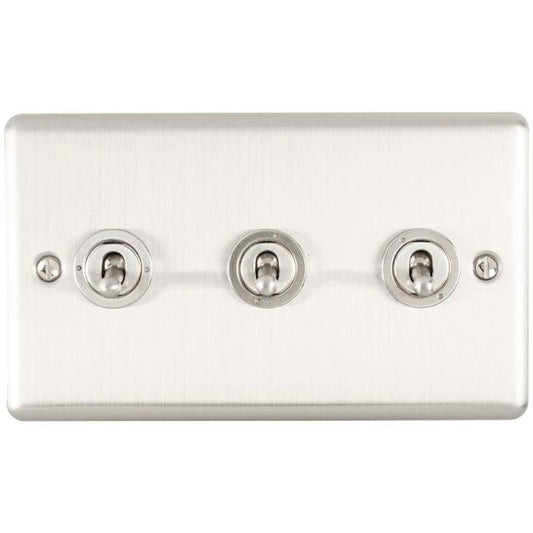 Eurolite Enhance Decorative 3 Gang Toggle Switch in satin stainless finish, featuring three toggle switches on a rectangular plate with a brushed texture.