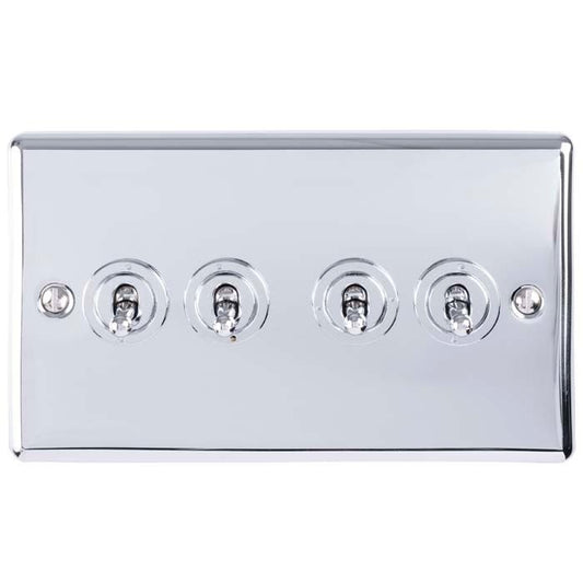 Eurolite Enhance Decorative 4 Gang Toggle Switch in polished chrome, featuring four toggle switches encased in a sleek rectangular plate with a glossy finish.