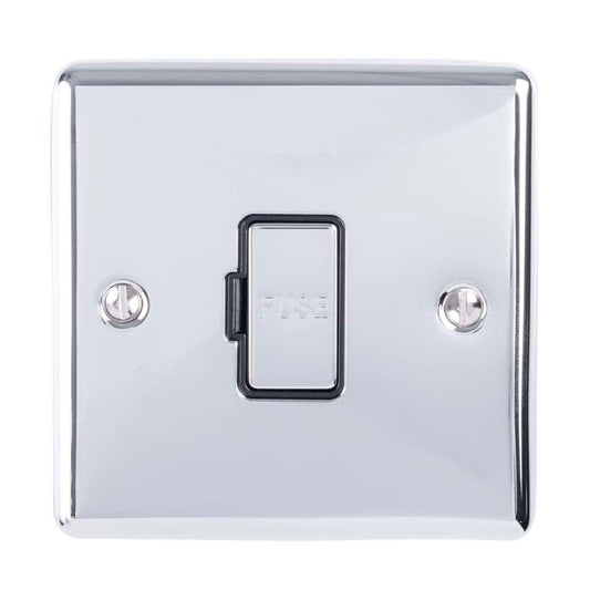 Eurolite Enhance Decorative Unswitched Fuse Spur in polished chrome, featuring a central switch with "FUSE" label and two mounting screws for installation.