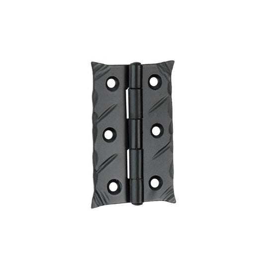 Spira Brass Spike Butt Hinge in a black finish, featuring a textured design with six screw holes for installation, designed for robust door functionality.