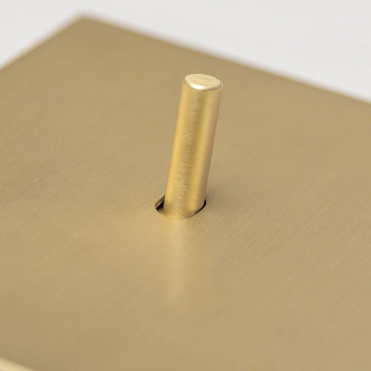 Brass bee Satin Brass Switches and Sockets - J Series featuring a sleek, brushed brass finish with a rounded toggle switch design.